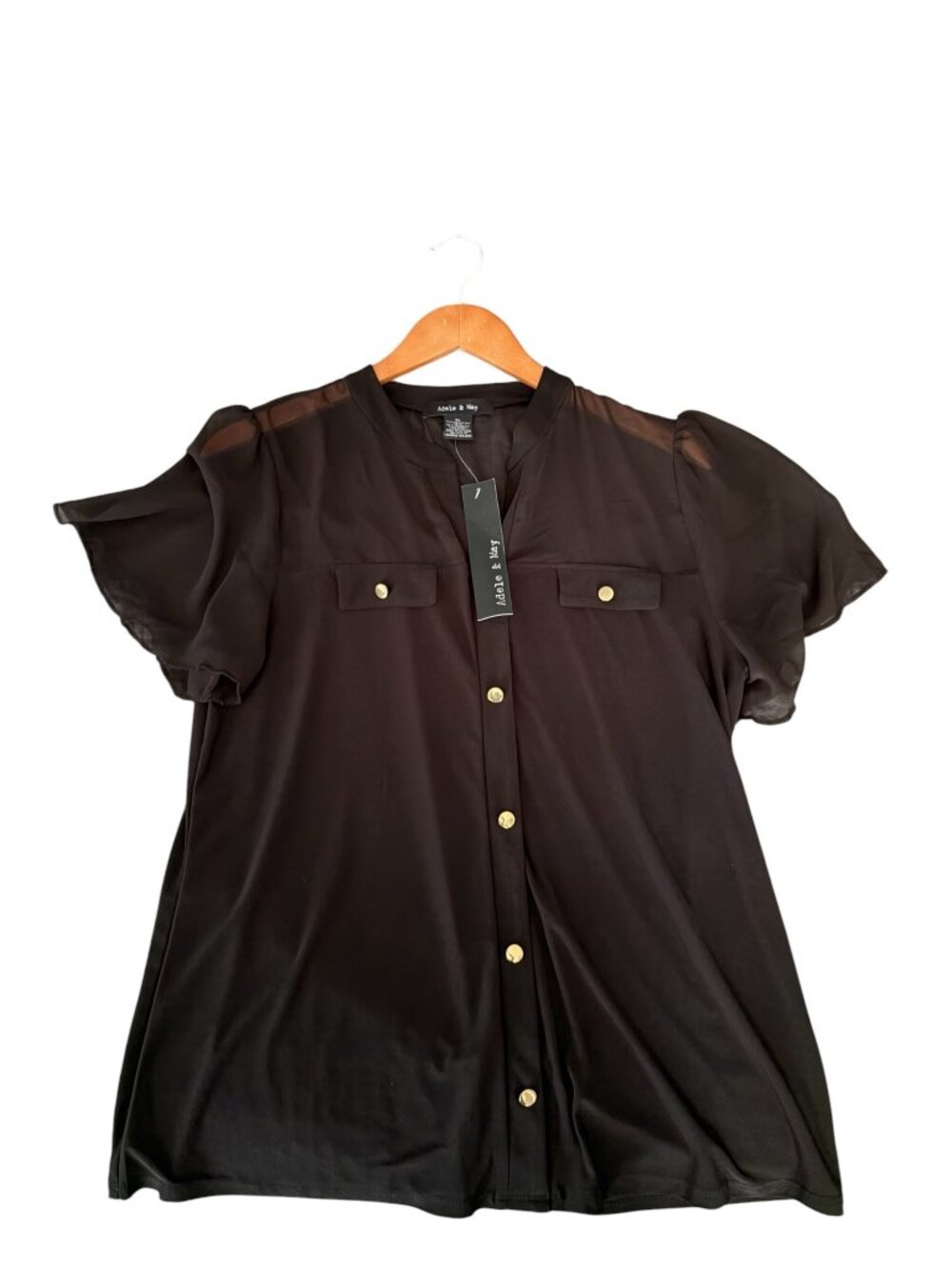 Women's Adele & May Blouse Sheer Short Sleeve Black Size XL